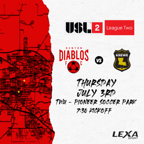 Denton Diablos vs Krewe FC - Home Match Five - USL2 2025 poster